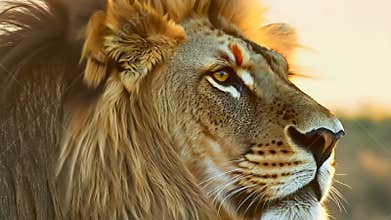 Lion Looks Into the Distance at Sunrise in the African Savannah