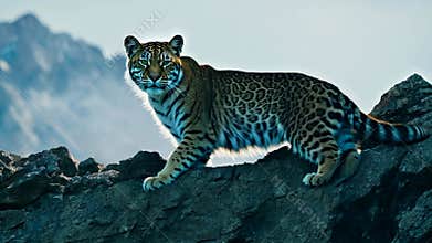 Tiger Walks Across Rocky Terrain in the Early Morning