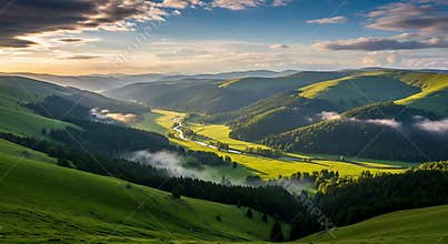 Verdant Rolling Hills Valley with Winding River and Morning Mist landscape nature