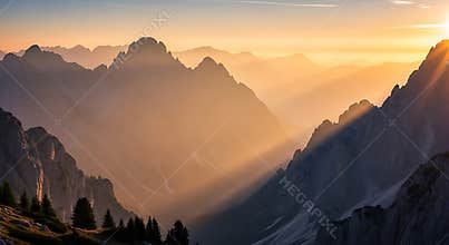 Golden sunbeams pierce through misty mountain peaks at dawn sunrise light