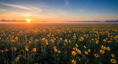 Yellow wildflowers in a misty field at sunrise with orange sky image