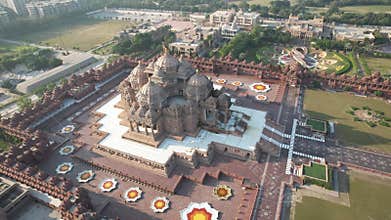 Aerial Drone Footage of Akshardham Temple in New Delhi one of the largest Hindu temple complex in India