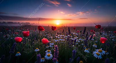 Red poppies and white daisies in a field at sunrise poppy flower