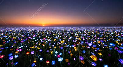 Field of glowing flowers at twilight with orange sunset sky image