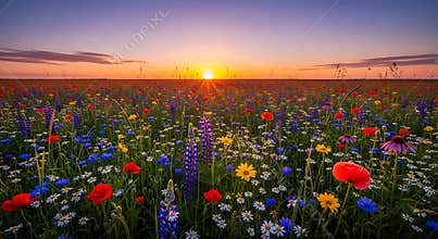 Vibrant wildflower meadow at sunset with sunburst flowers