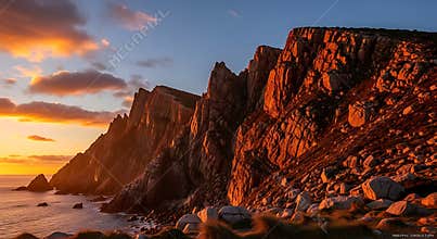 Rugged coastal cliffs bathed in warm golden hour sunset light ocean rock