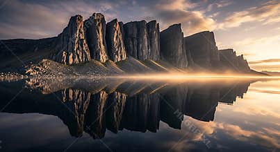 Jagged cliffs reflected in calm water at sunrise with golden mist rock mountain