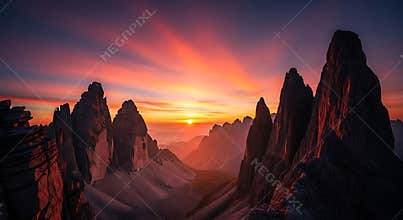 Jagged mountain peaks at vibrant sunset with orange and purple sky rock
