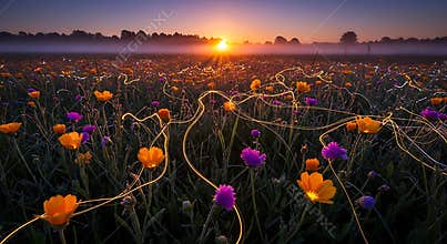 Field of orange and purple flowers at sunset with light trails image