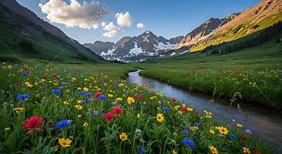 Vibrant wildflower meadow beside a winding stream with snow-capped mountains wildflowers