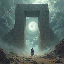 Fantasy Gateway with Swirling Sky and Lone Traveler