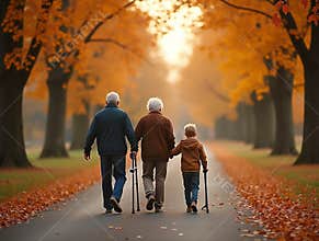 Senior Man with Walking Sticks, Adult Son & Grandson Walking Through Autumn Forest
