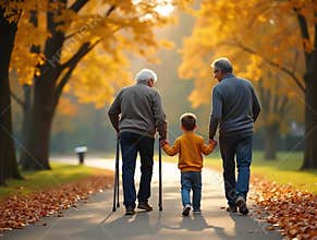 Senior Man with Walking Sticks, Adult Son & Grandson Walking Through Autumn Forest