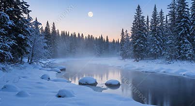 Tranquil Winter Forest Dawn with Full Moon and Frozen River a Peaceful Awakening Landscape