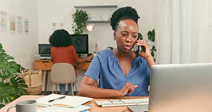Diverse Startup Woman On Phone In Home Office, Engaged In Business Tech Communication