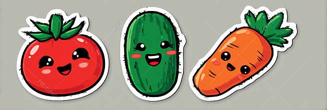 Brightly Colored Cartoon Vegetables With Smiling Faces on a Gray Background Showcasing Fun Food Art