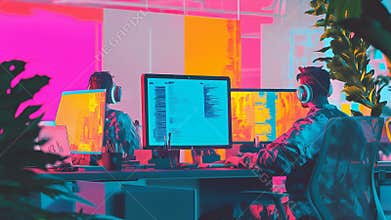 Programmers working in modern office with neon lights