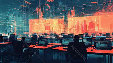 Programmers working in office with futuristic city displayed on screen