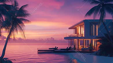 Modern overwater bungalow with illuminated interior at a tropical sunset