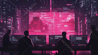 Programmers working in futuristic office analyzing data on computer screens