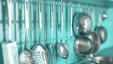 A collection of kitchen pots and pans hung on the wall, ready for use