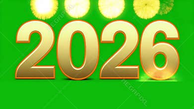 Golden 2026 numbers with festive yellow fireworks and green screen background for New Year