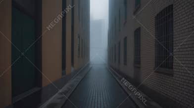 Narrow Brick Path in Misty Cityscape
