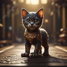 Fantasy Cat in Ornate Temple Wearing Regal Golden Armor