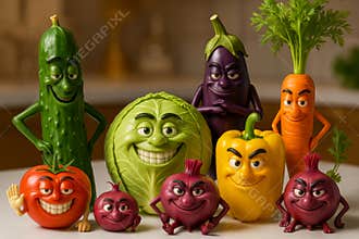 Funny cartoon vegetables with expressive faces and human poses on kitchen table, vibrant healthy food concept