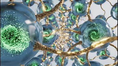 Abstract 3D Molecular Network of Swirling Cells with Golden Fibers
