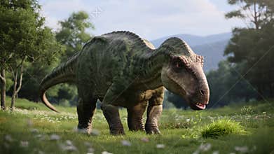 huge herbivorous dinosaur eats grass in a clearing.