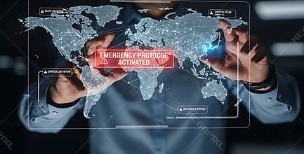 Man interacts with a digital world map displaying emergency protocol activation alerts