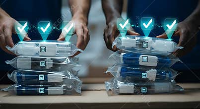 Quality control inspection shows packaged medical products with digital checkmark overlays