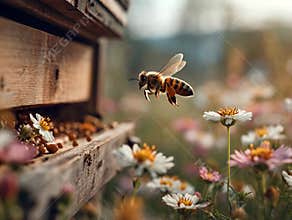 Macro exploration of an artisanal beehive surrounded by blooming flowers in natural light