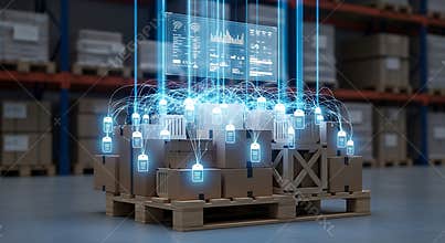 Smart warehouse management system tracks inventory with digital tags on shipping boxes