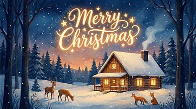 Magical watercolor Christmas Night with cabin and forest animals
