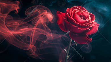 Crimson flower atmosphere, Textured roses surrounded by swirling fog, Intimate floral imagery showcasing dewy rose petals within