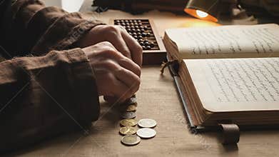 Hands of a focused individual methodically sorting coins on a rustic table, with an open book and abacus, showcasing a detailed
