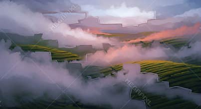Misty Sunrise Over Rolling Green Hills
