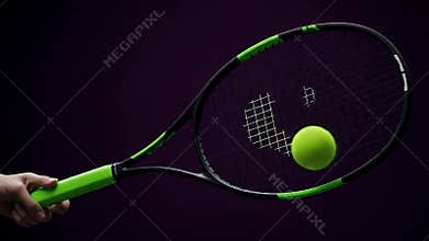 Tennis Racket Hitting Green Ball Against Violet Backdrop in Smooth Animation