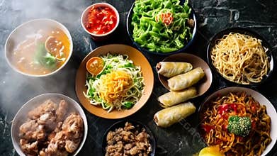 Overhead View of Asian Food Bowls with Noodles and Steaming Soup on Dark Table