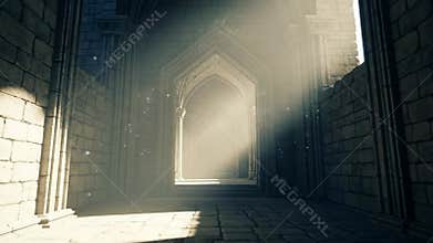 Arched corridor sunlight stone architecture dramatic lighting shadows