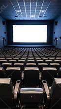 Empty movie theater auditorium with rows of seats and a blank screen, ready for a film premiere or presentation.