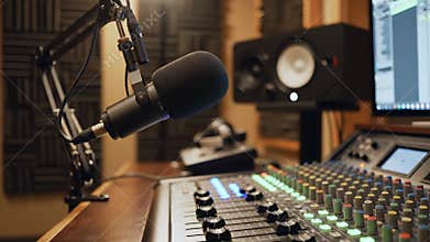 Professional broadcasting microphone in a recording studio