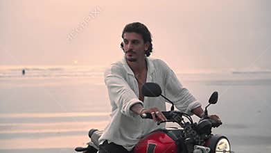 Man Riding Motobike Outdoor or Motorbiker Traveling Summer Beach on Motorcycle
