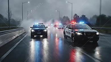 Police Convoy Patrol During Heavy Rain on Highway at Dusk with Red and Blue Emergency Lights Flashing and Mist Rising