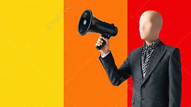 Mannequin Holding Megaphone Against Colorful Background for Announcement