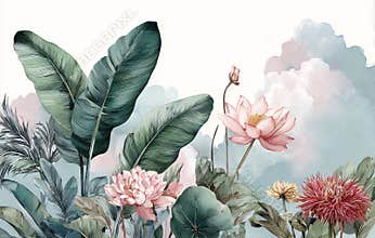 The wallpaper features a watercolor design of floral patterns, including green leaves and flowers set against a light background