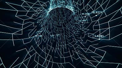 Seamless loop background with digital tunnel made of glowing blue grid and floating numeric data
