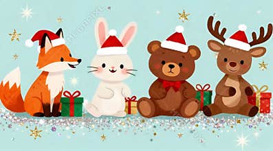 Playful cartoon animals in New Year\'s hats dance joyfully among sparkling glitter and festive gifts.